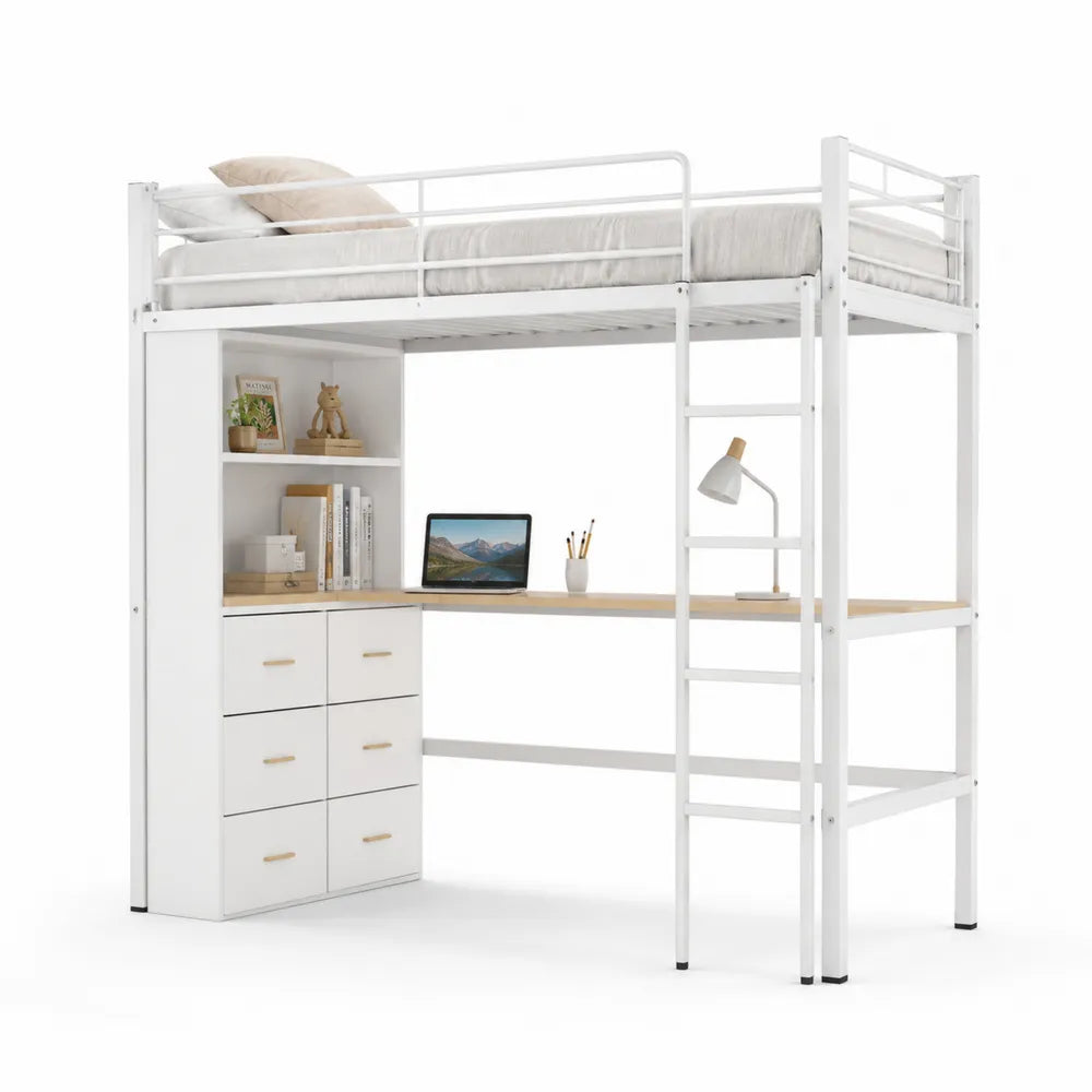 Hochbett mit Schreibtisch und Regal aus Metall und MDF, Weiß, 200x90 cm