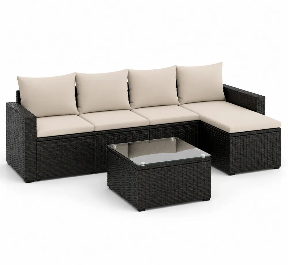 Ecksofa-Set aus Polyrattan mit Beige Kissen und Glasplatte