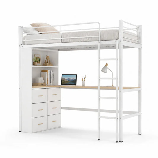 Hochbett mit Schreibtisch und Regal aus Metall und MDF, Weiß, 200x90 cm