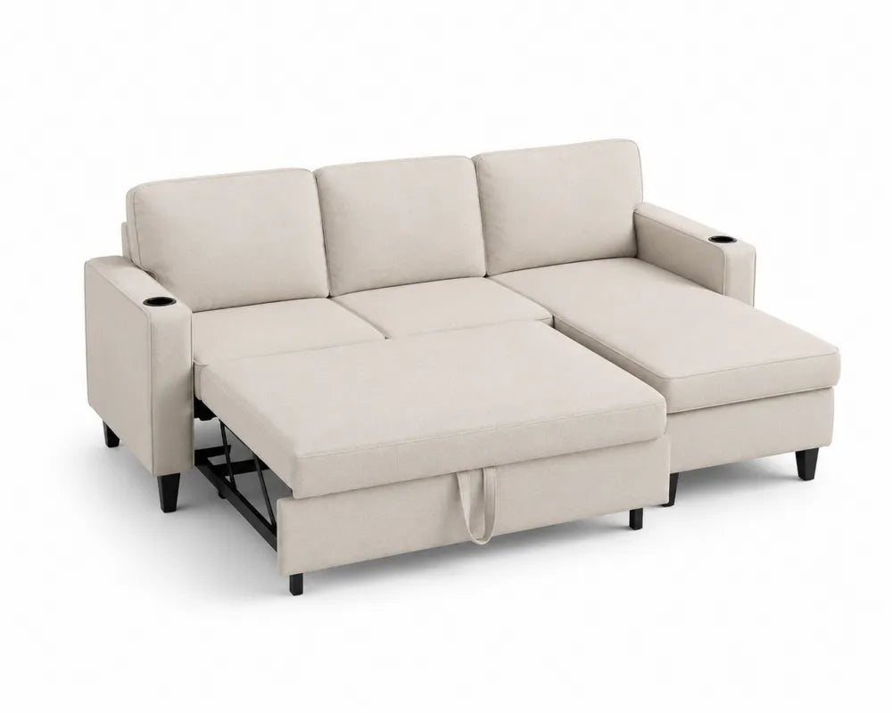 Beiges L-förmiges Schlafsofa mit Stauraum und Becherhalter