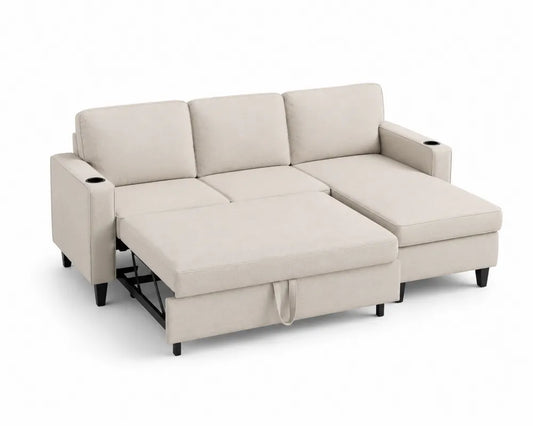 Beiges L-förmiges Schlafsofa mit Stauraum und Becherhalter